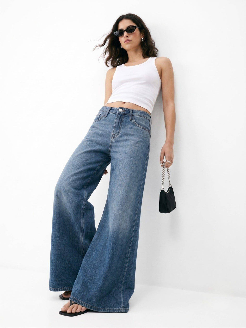 Blue Women Mid Waist Cotton Solid Wide Leg Jeans | WL90 - view 4