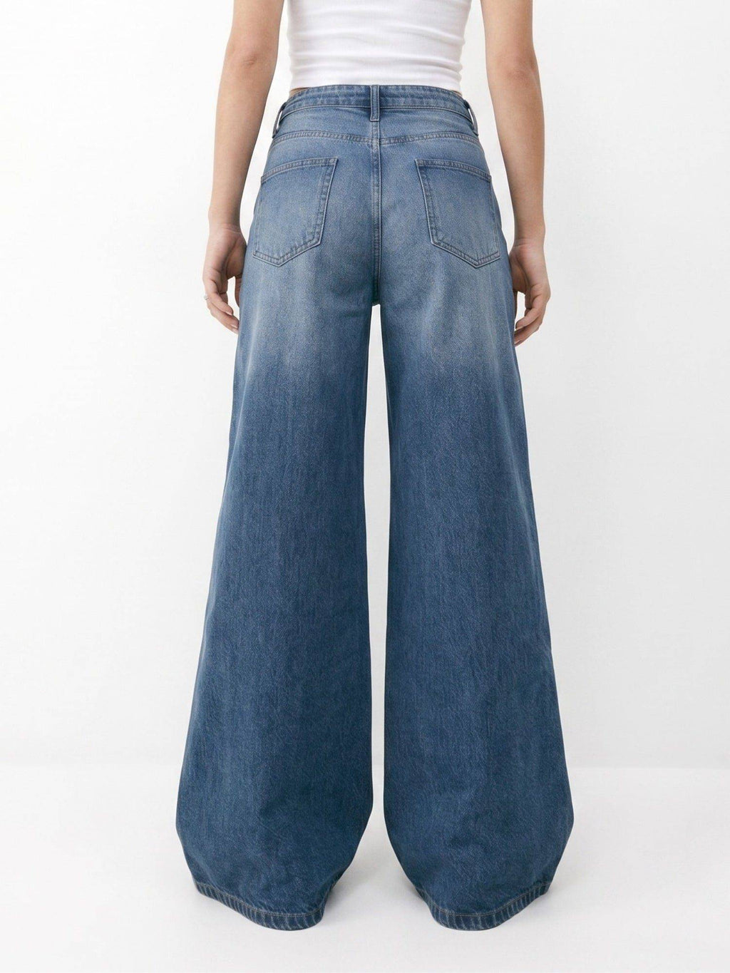 Blue Women Mid Waist Cotton Solid Wide Leg Jeans | WL90 - view 5