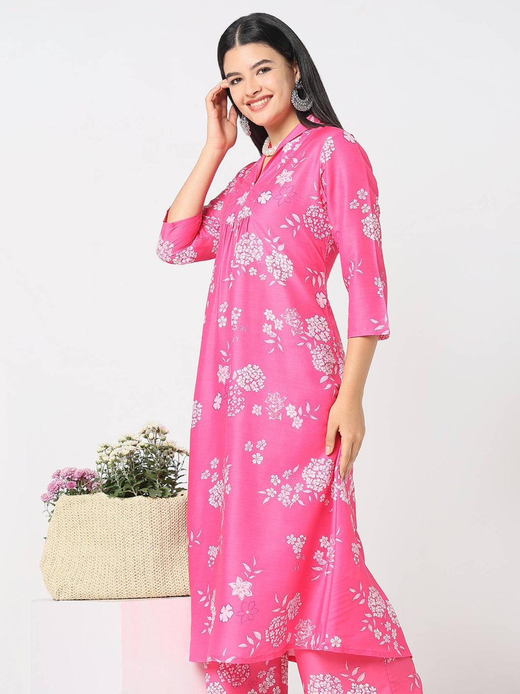 Women Pink Polyester V-Neck Kurta | FY93 - view 2