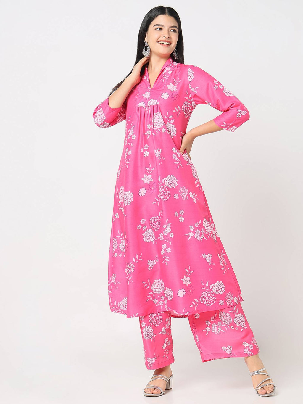 Women Pink Polyester V-Neck Kurta | FY93 - view 1