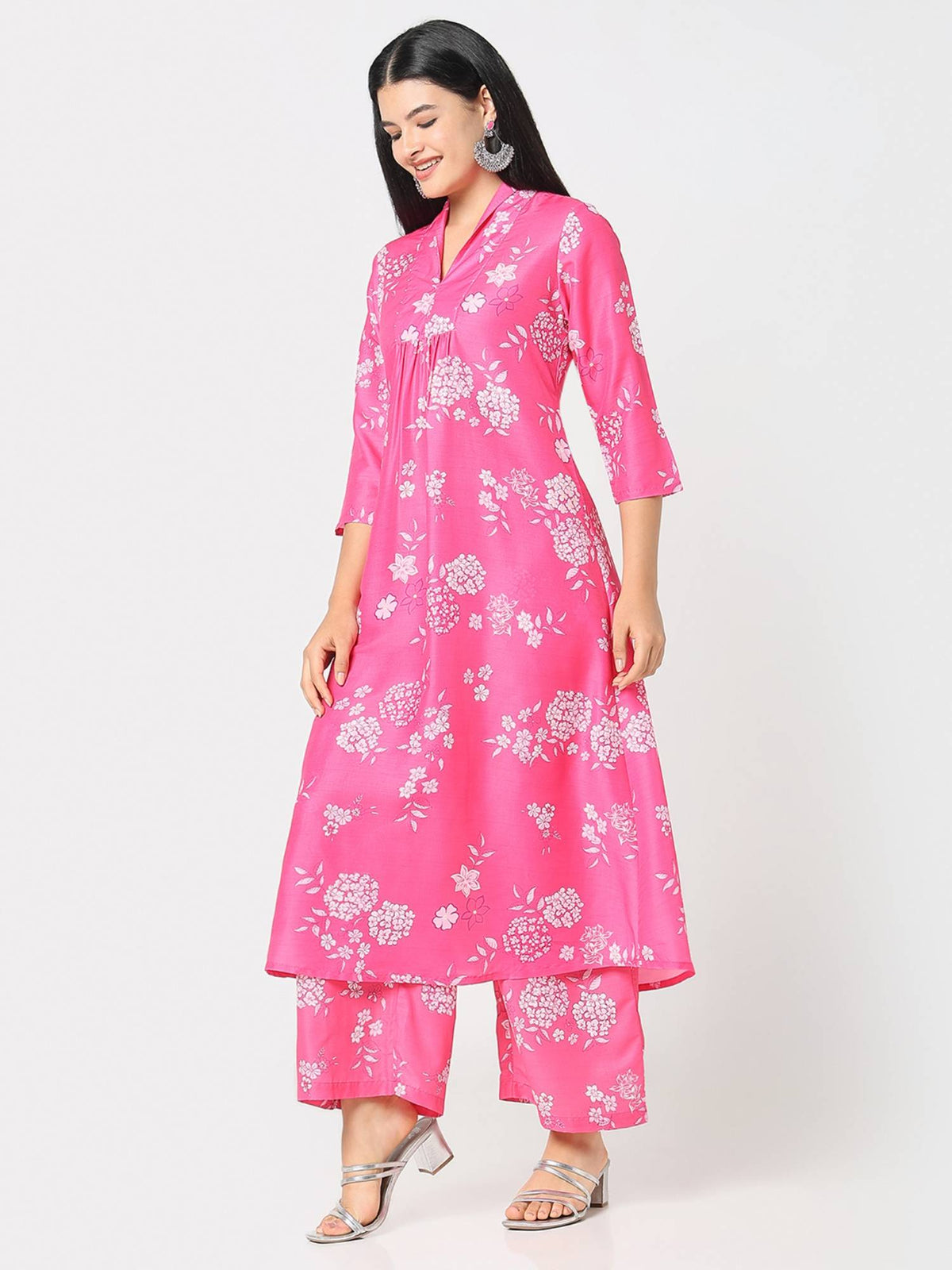 Women Pink Polyester V-Neck Kurta | FY93 - view 3