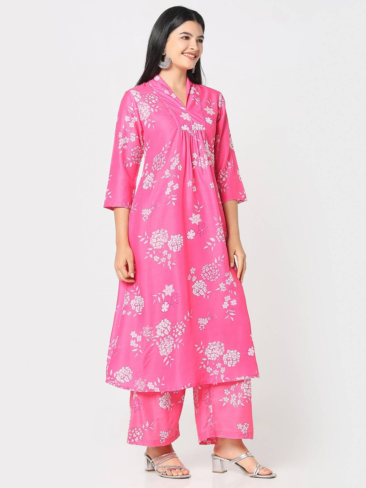 Women Pink Polyester V-Neck Kurta | FY93 - view 4