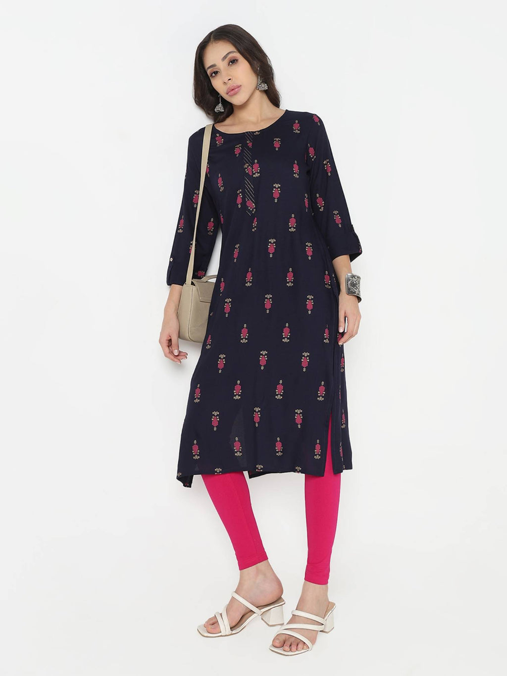 Women Pink Viscose Round Neck Kurta | FY93 - view 12