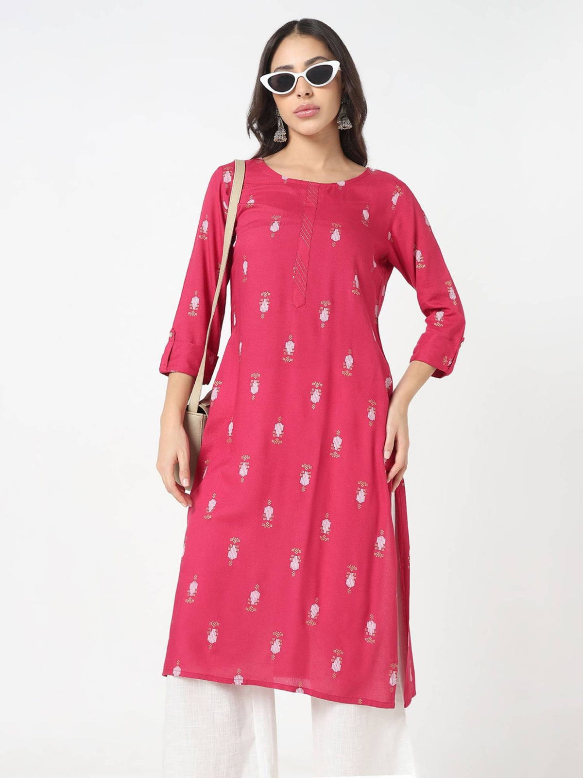 Women Pink Viscose Round Neck Kurta | FY93 - view 2