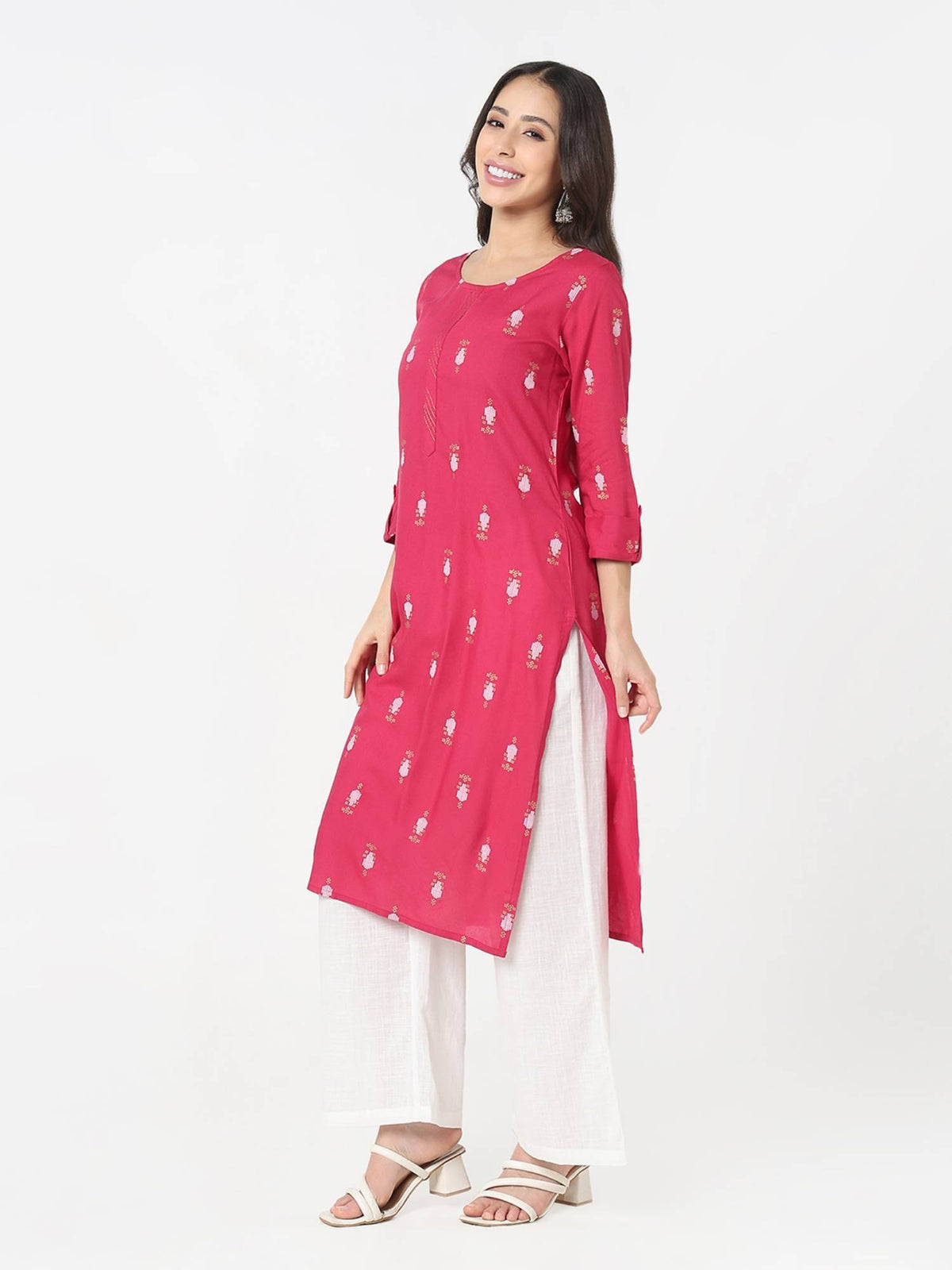 Women Pink Viscose Round Neck Kurta | FY93 - view 3