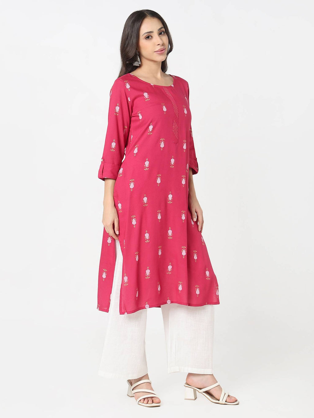 Women Pink Viscose Round Neck Kurta | FY93 - view 4