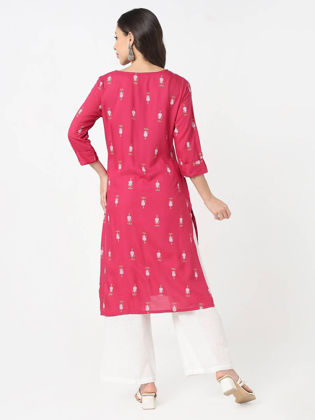 Women Pink Viscose Round Neck Kurta | FY93 - view 5