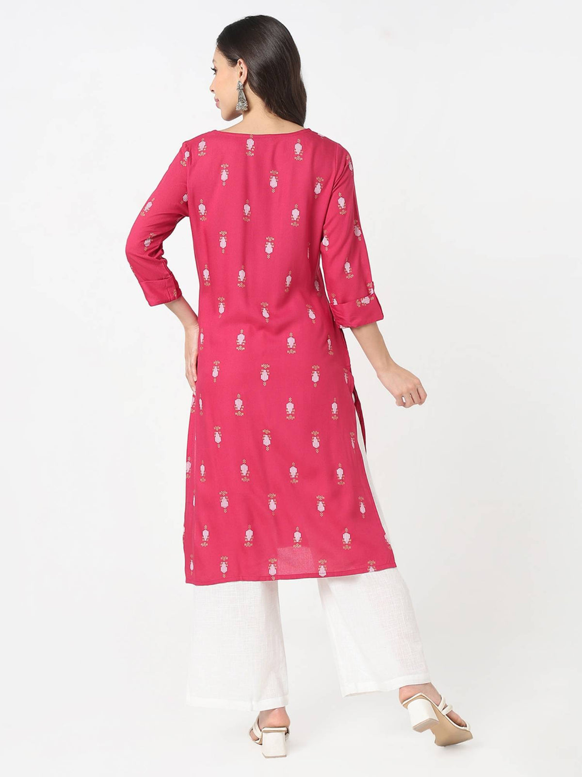 Women Pink Viscose Round Neck Kurta | FY93 - view 5