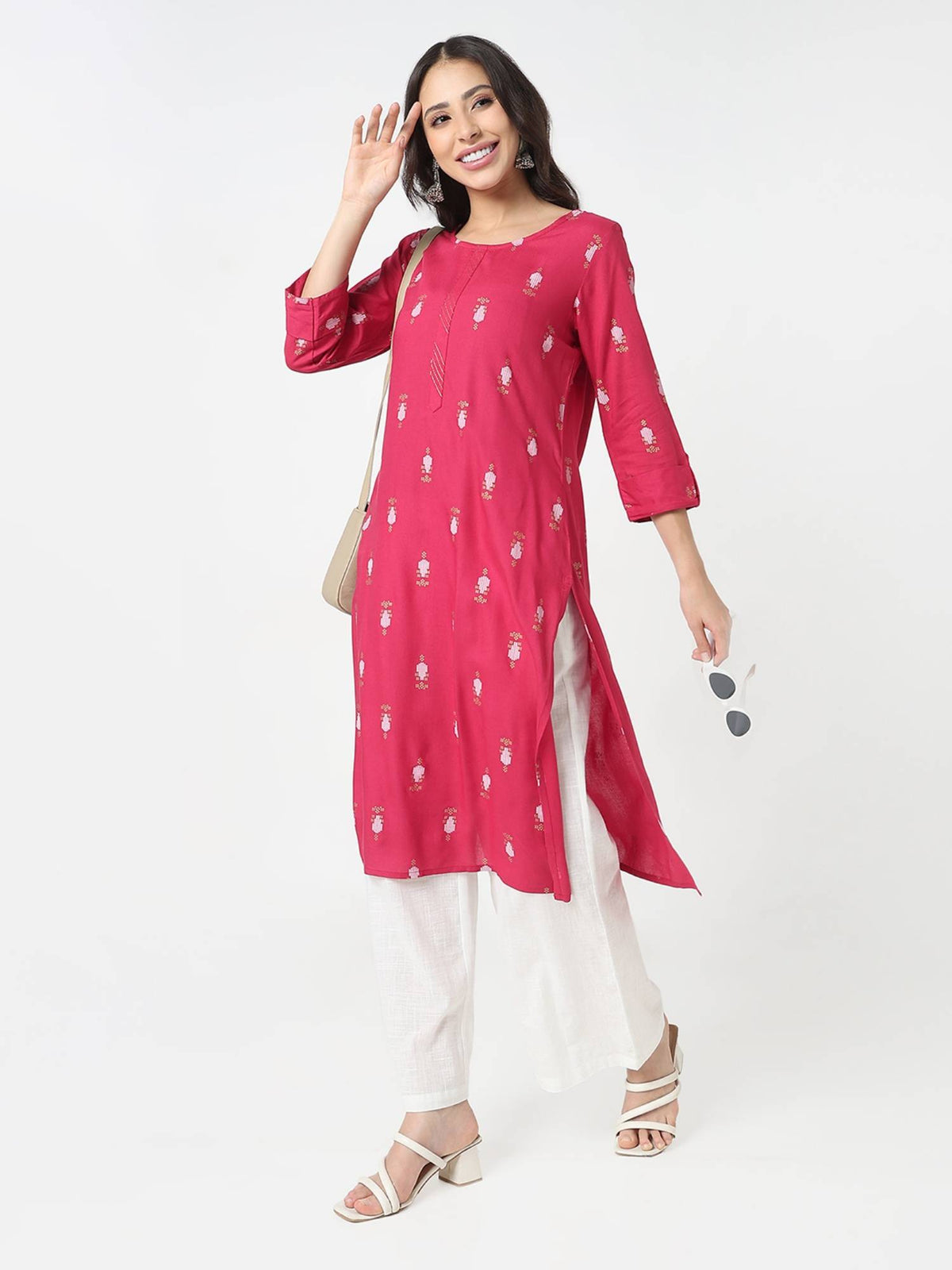 Women Pink Viscose Round Neck Kurta | FY93 - view 6