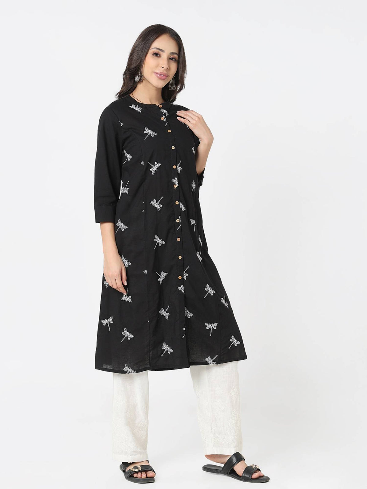 Women Black Cotton Mandarin Neck Kurta | KDG - view 4