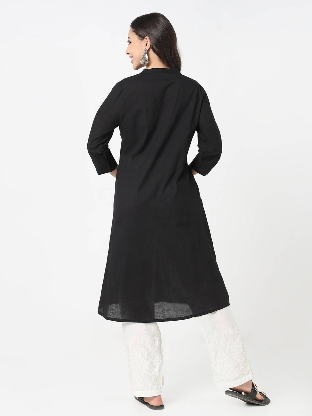 Women Black Cotton Mandarin Neck Kurta | KDG - view 5