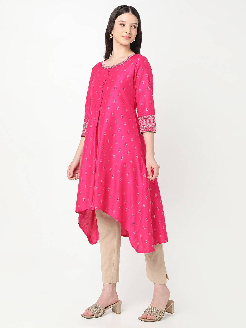 Women Pink Polyester Round Neck Kurta | FY93 - view 3