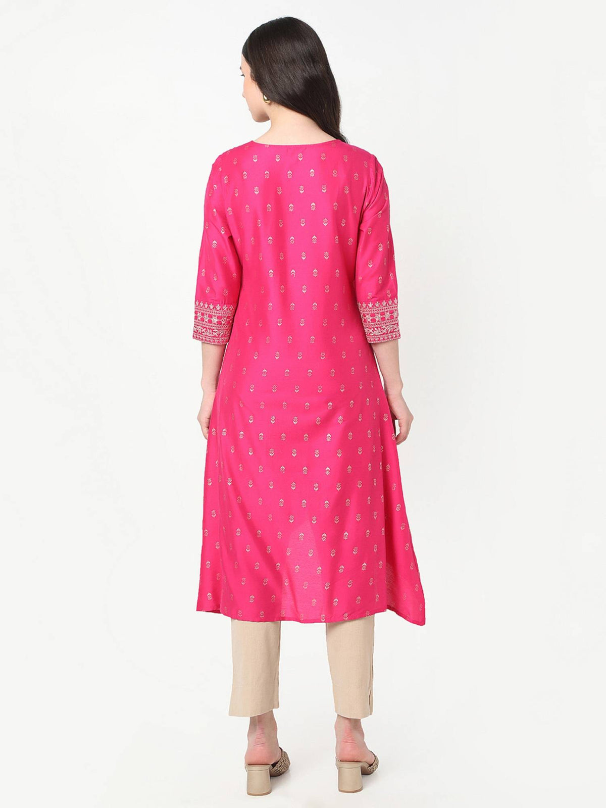 Women Pink Polyester Round Neck Kurta | FY93 - view 5