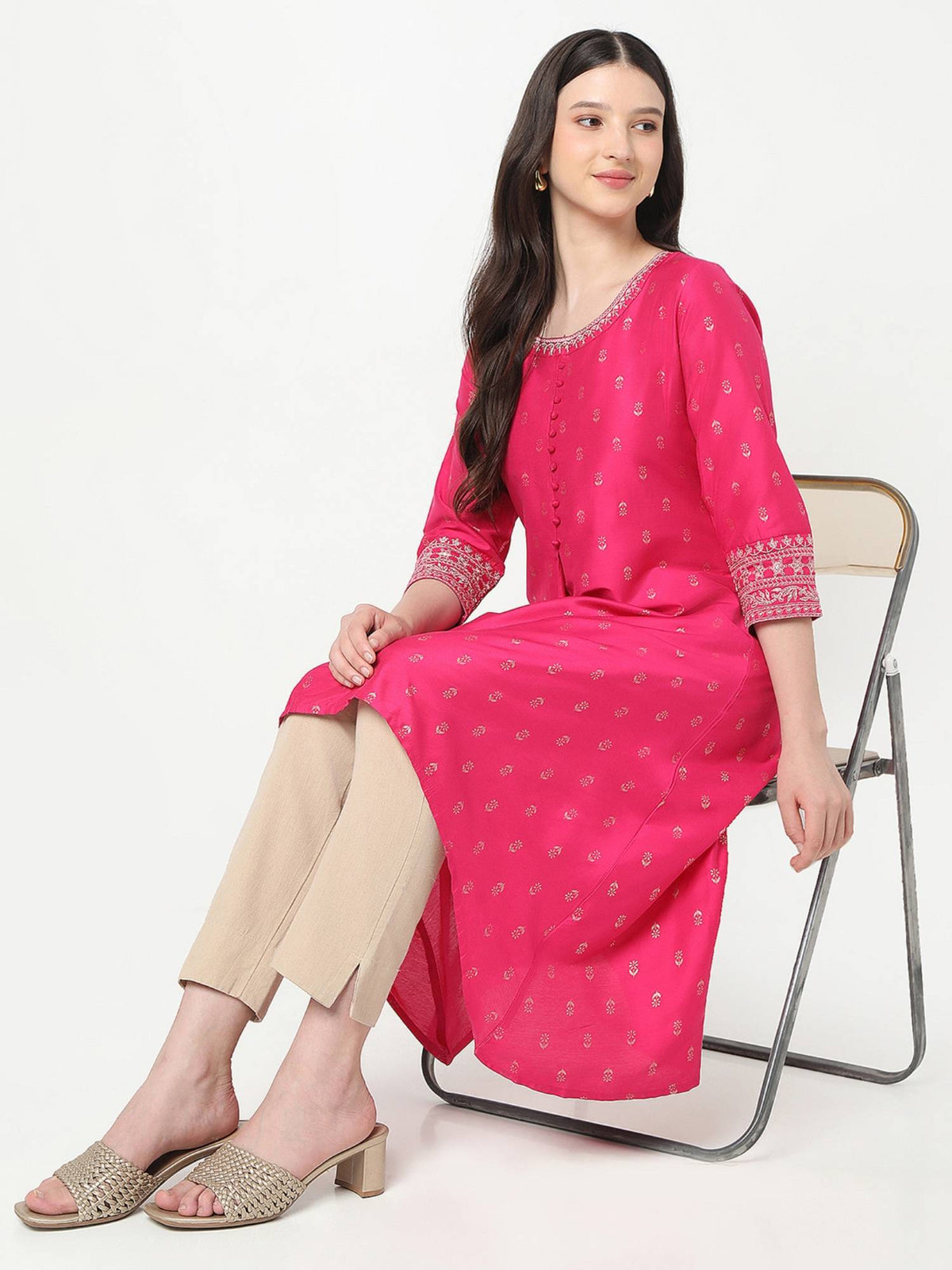 Women Pink Polyester Round Neck Kurta | KDG - view 6