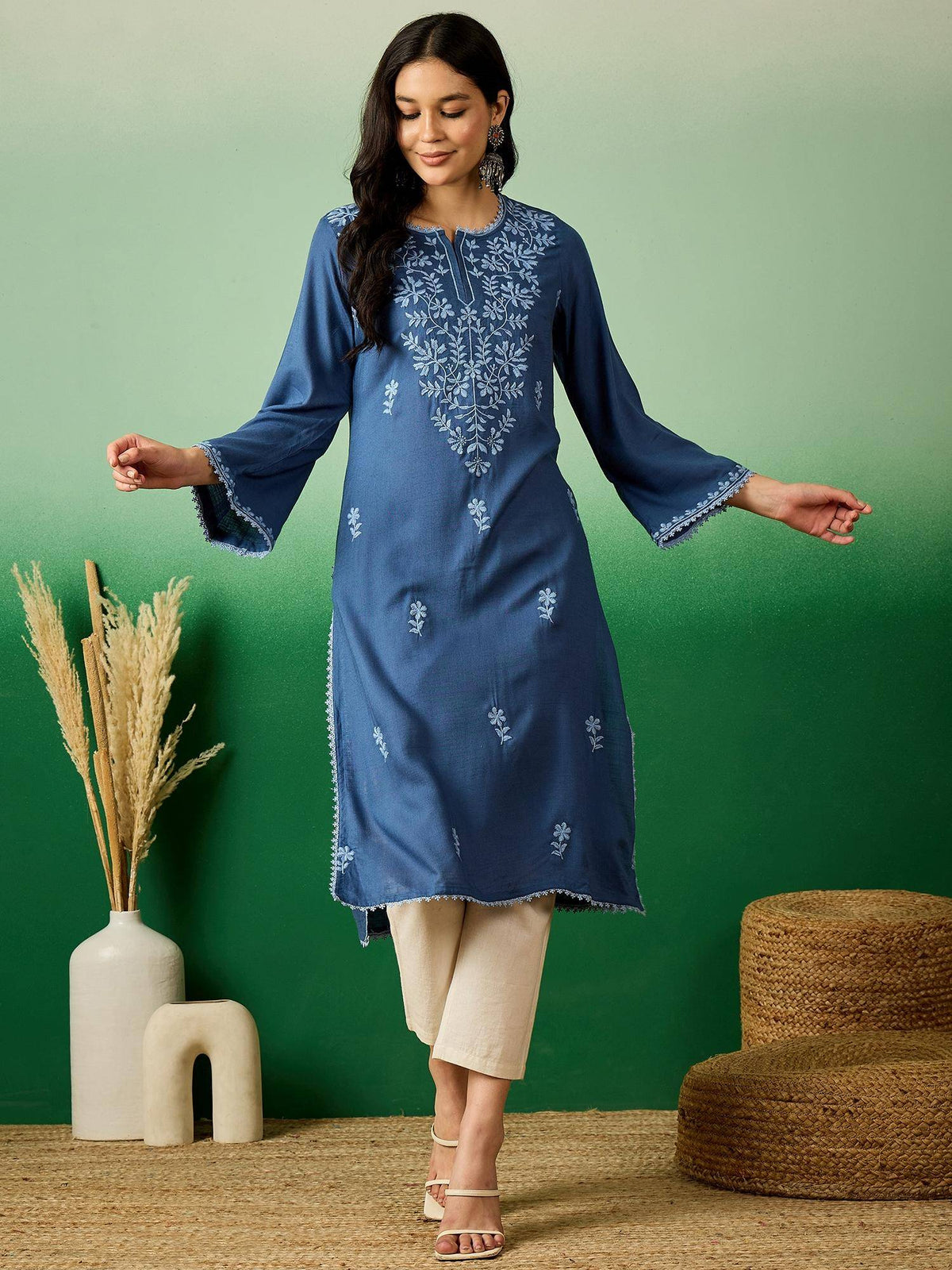 Blue Embroidered Flared Sleeves Chikankari Straight Kurta | U3S - view 1