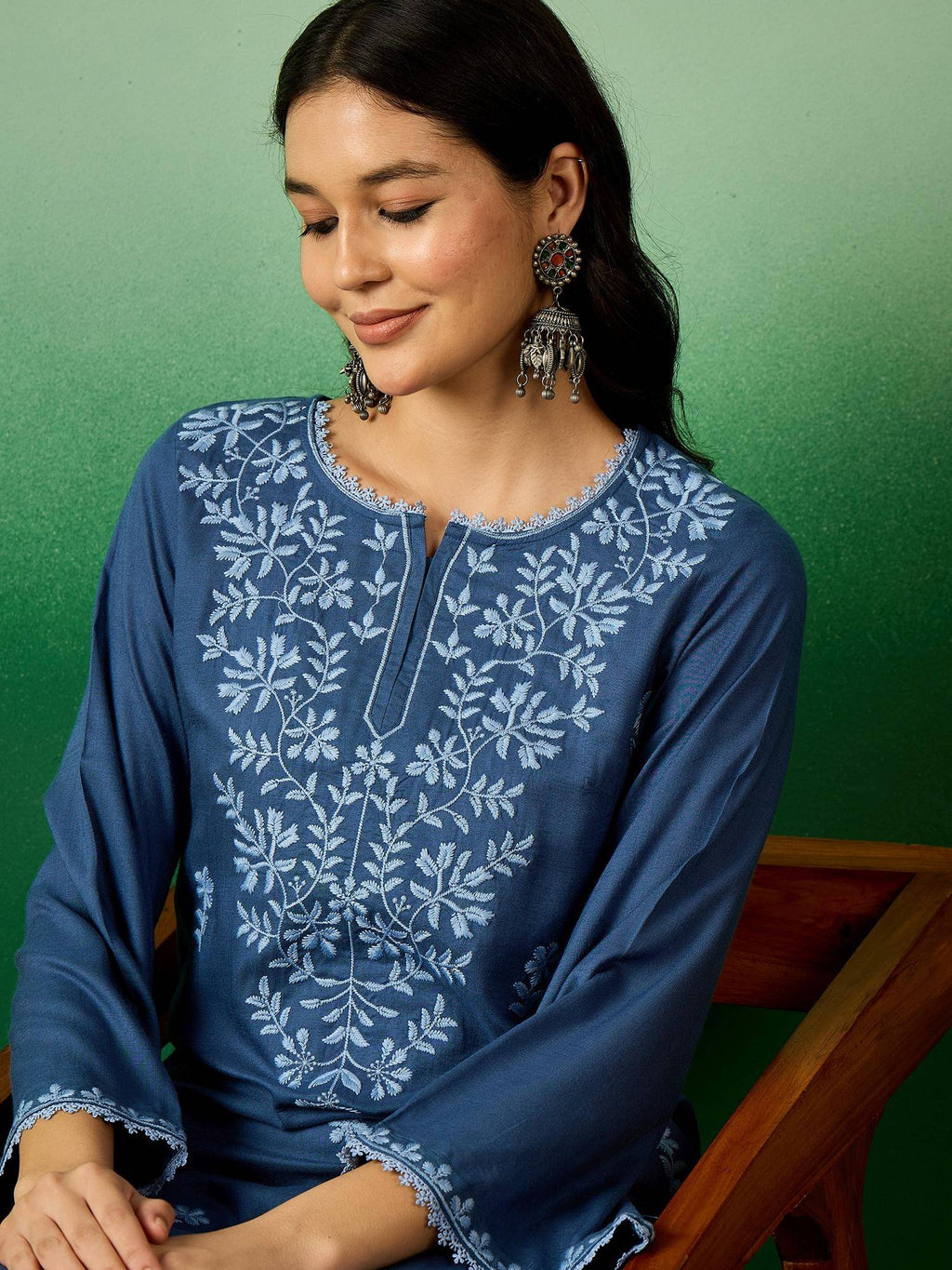 Blue Embroidered Flared Sleeves Chikankari Straight Kurta | U3S - view 6