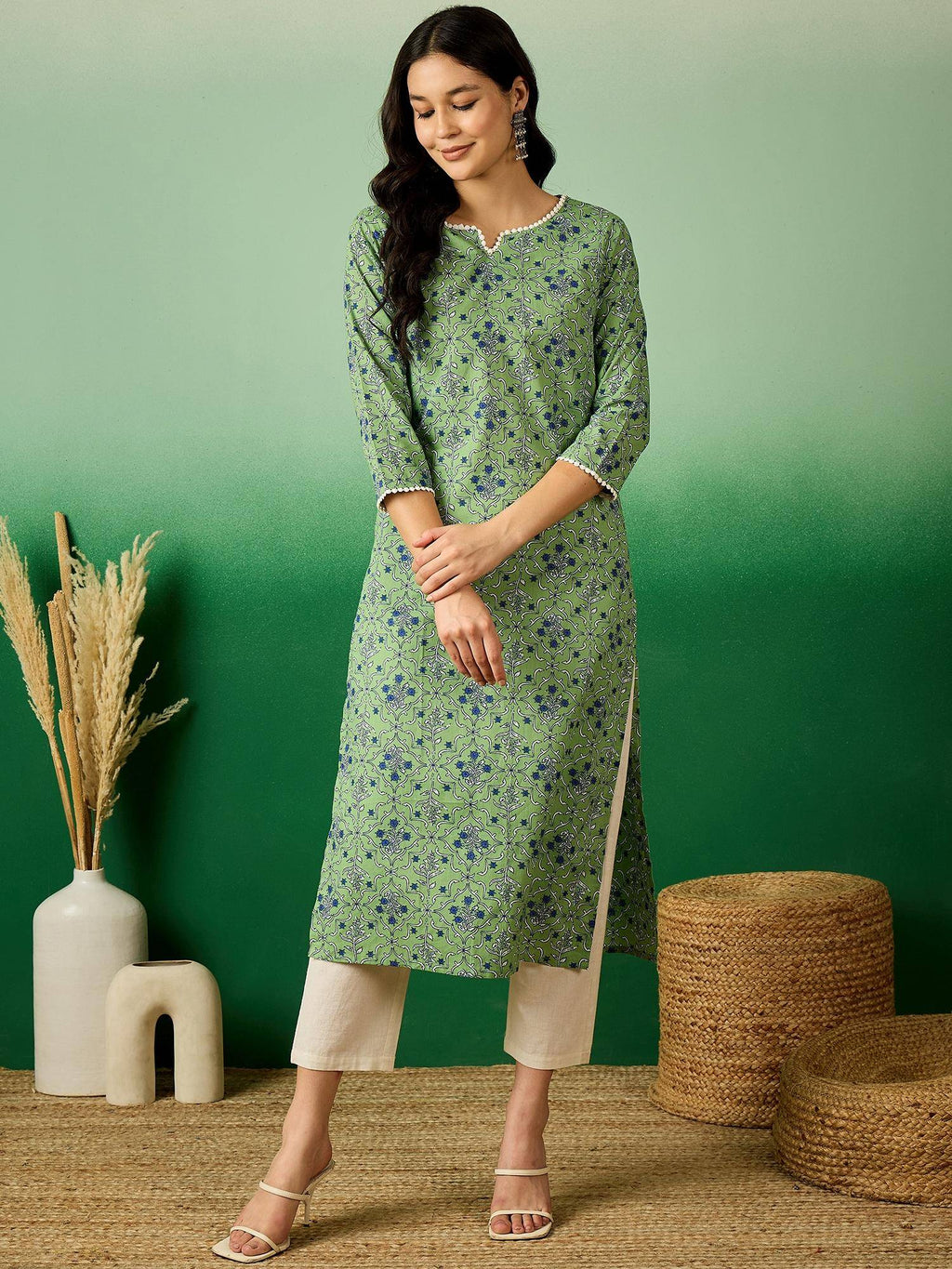 Green Cotton Printed Kurta | KDG - view 1