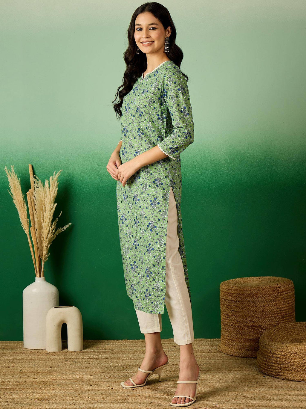 Green Cotton Printed Kurta | KDG - view 3
