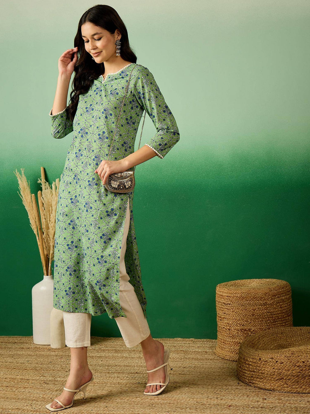 Green Cotton Printed Kurta | KDG - view 4