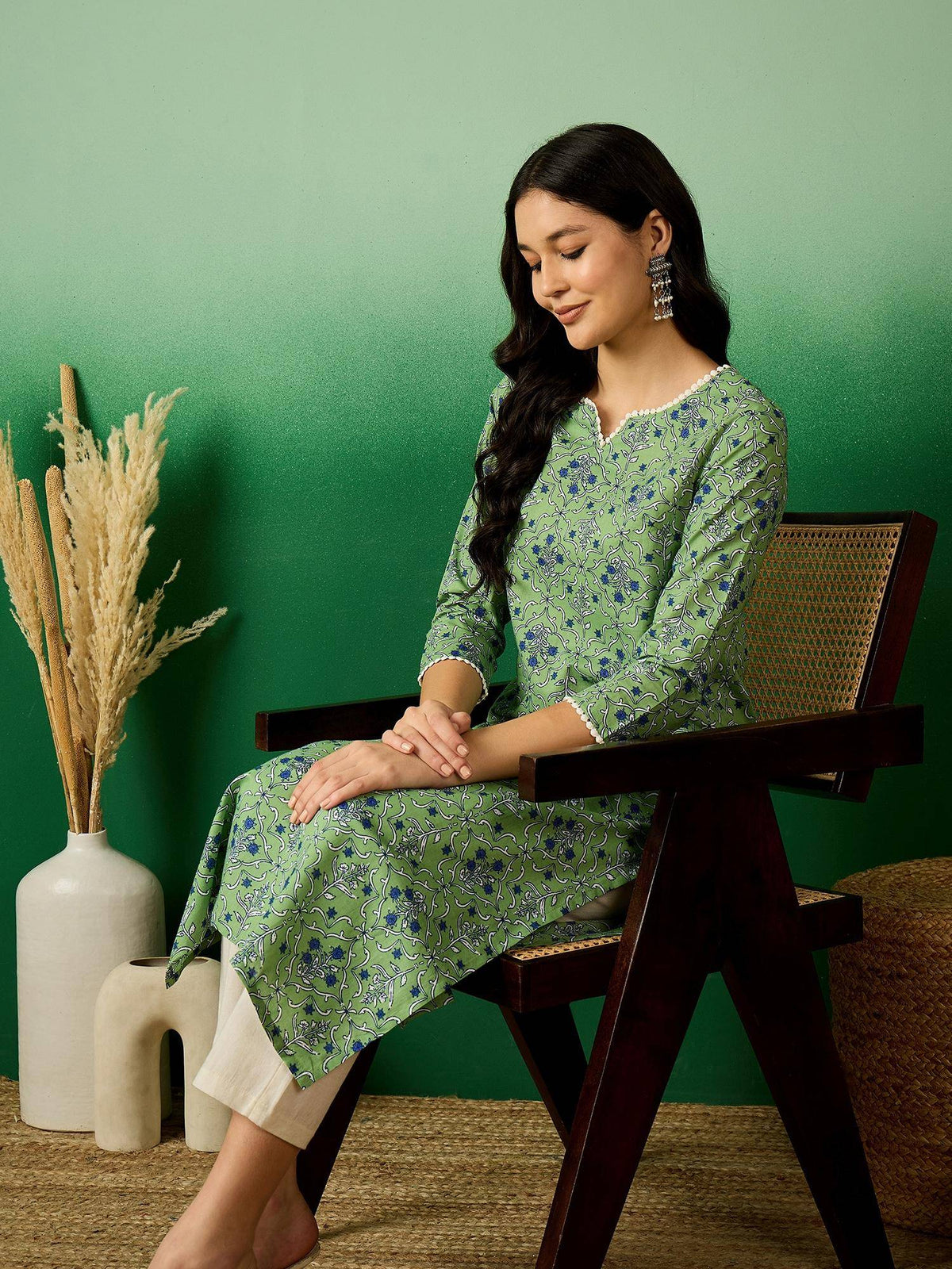 Green Cotton Printed Kurta | KDG - view 5