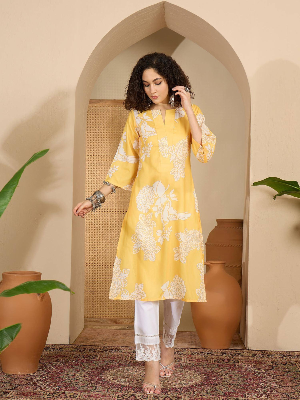 Womens Yellow Floral Printed Cotton Kurta | U3S - view 1