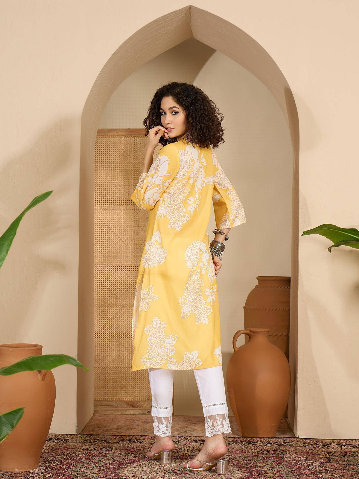 Womens Yellow Floral Printed Cotton Kurta | U3S - view 2