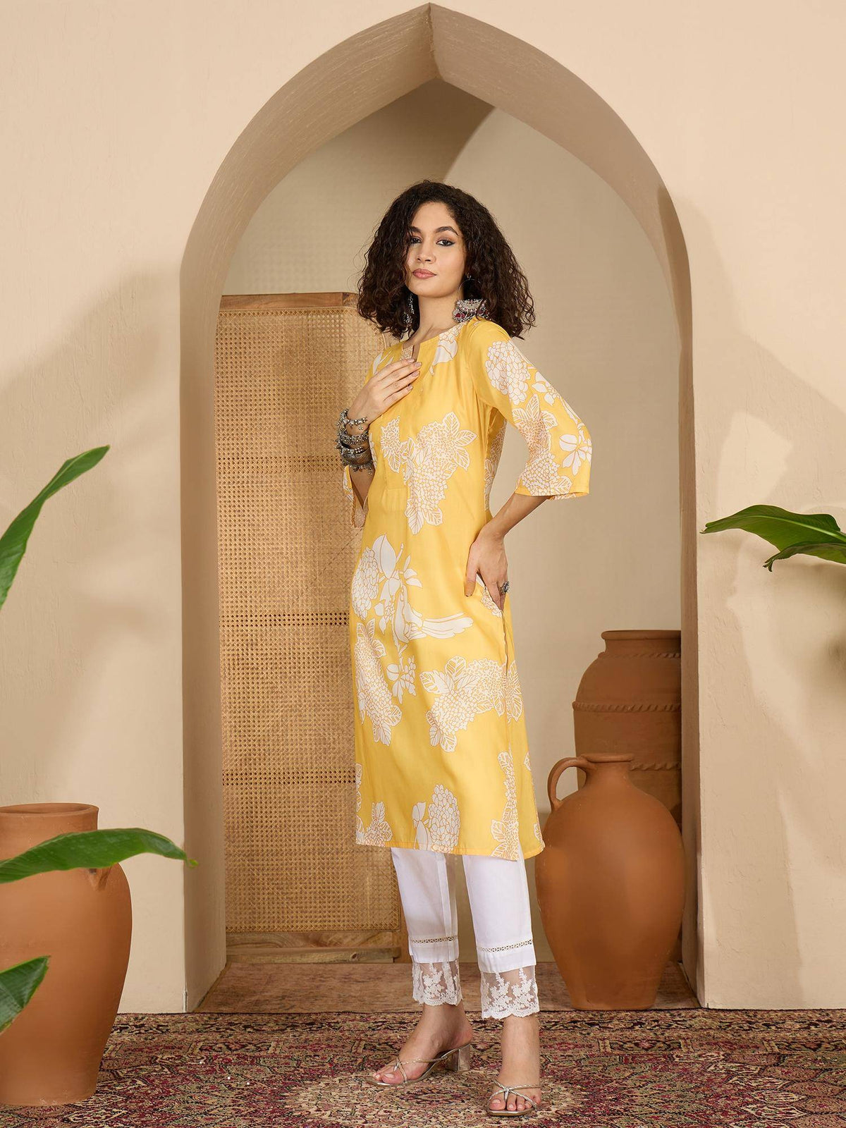 Womens Yellow Floral Printed Cotton Kurta | U3S - view 3
