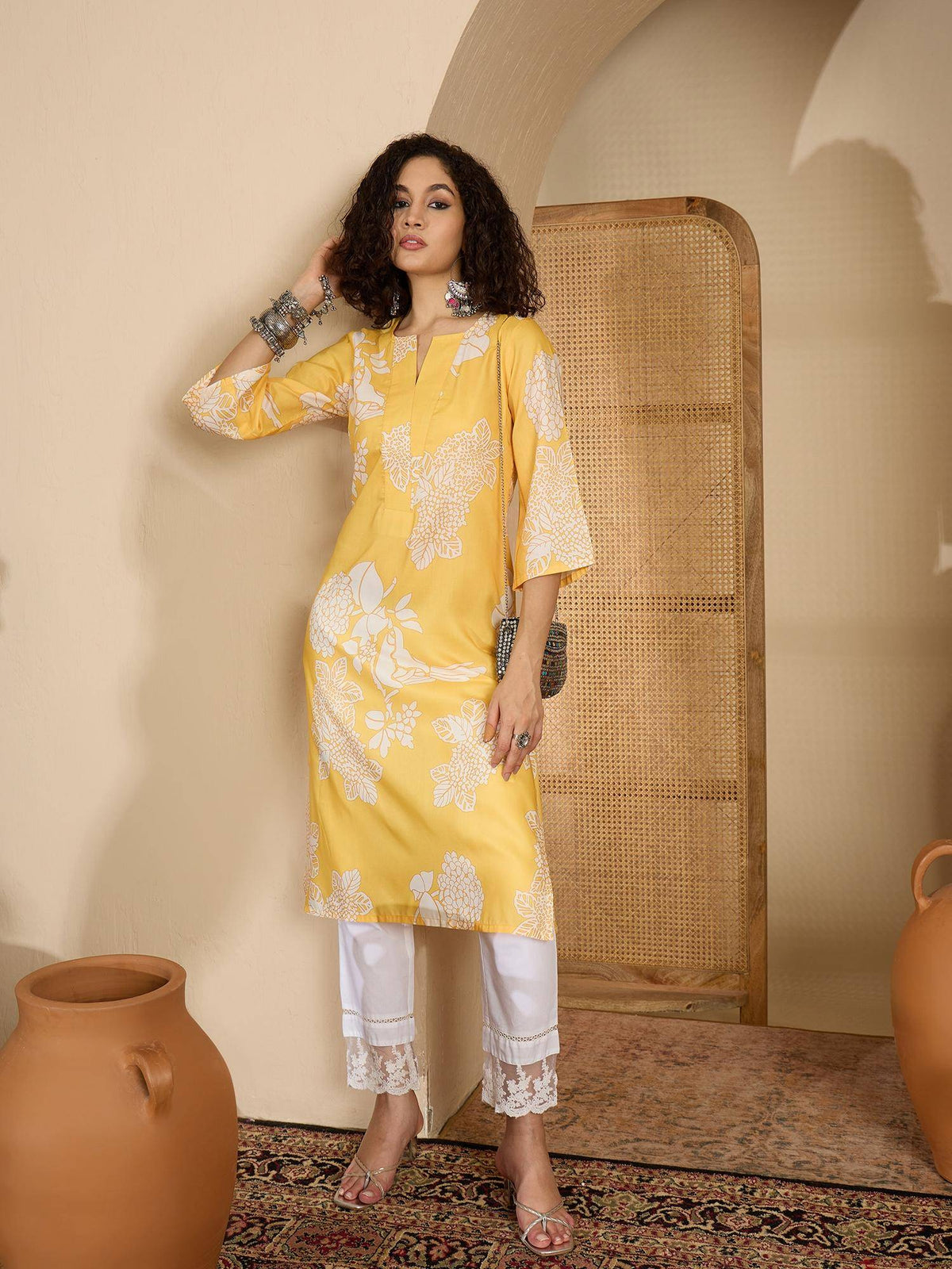 Womens Yellow Floral Printed Cotton Kurta | U3S - view 4