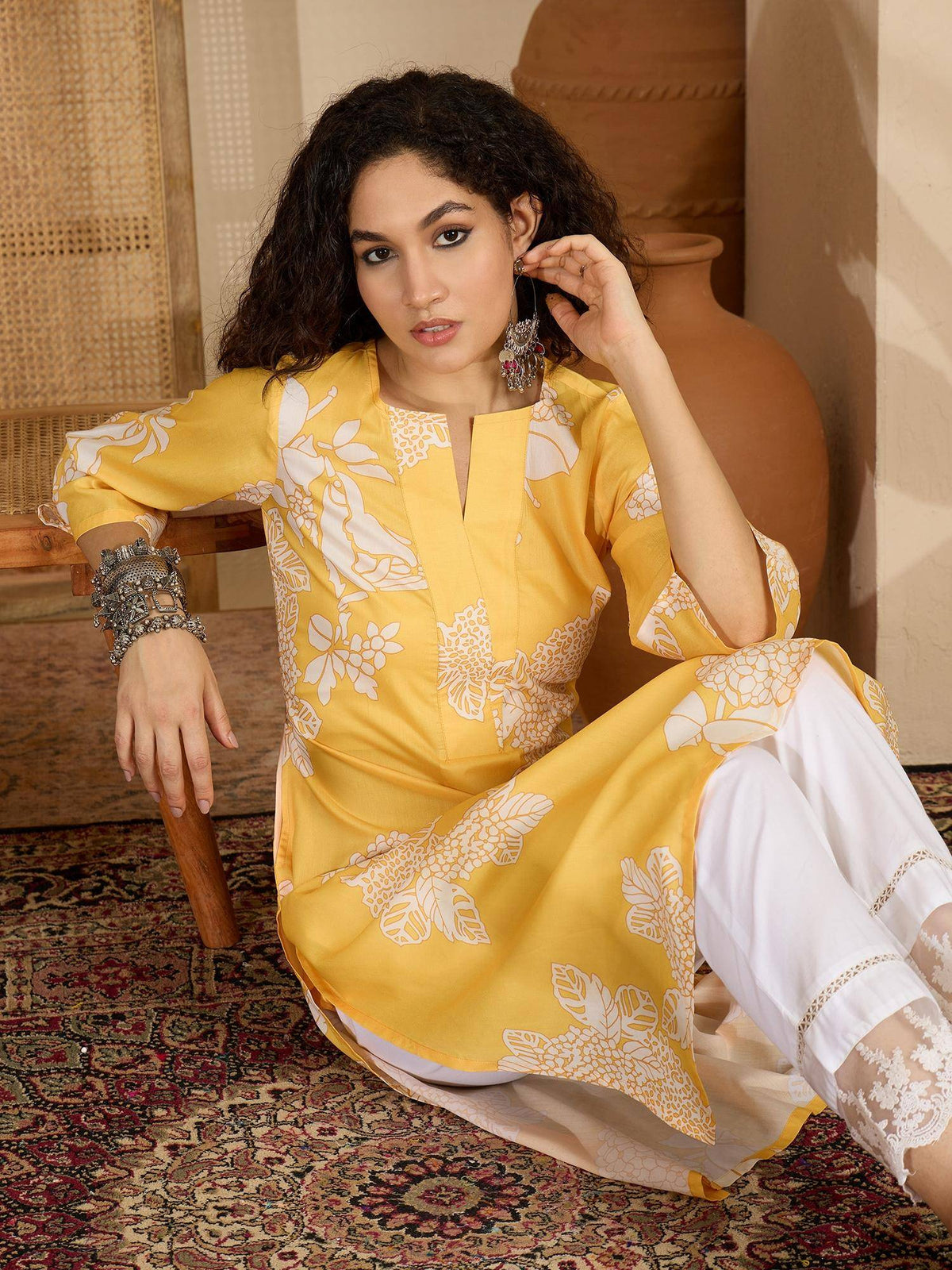 Womens Yellow Floral Printed Cotton Kurta | U3S - view 5