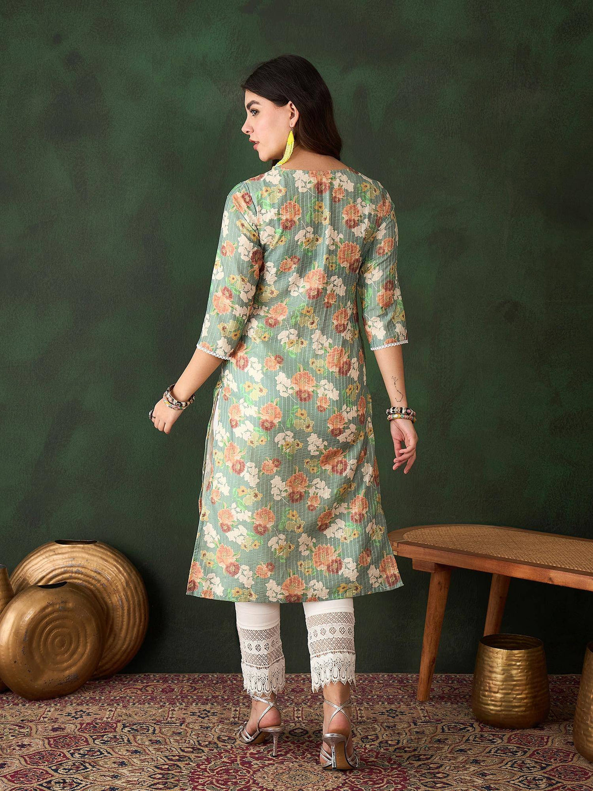 Green Printed Floral Kurta | KDG - view 2