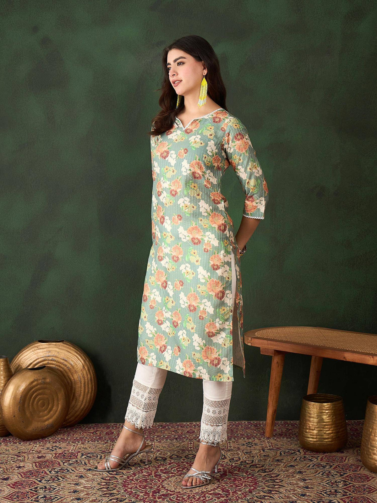 Green Printed Floral Kurta | KDG - view 3
