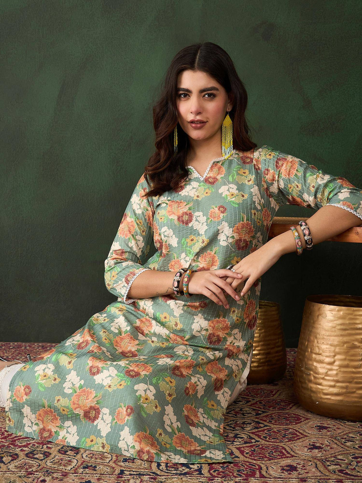 Green Printed Floral Kurta | KDG - view 4