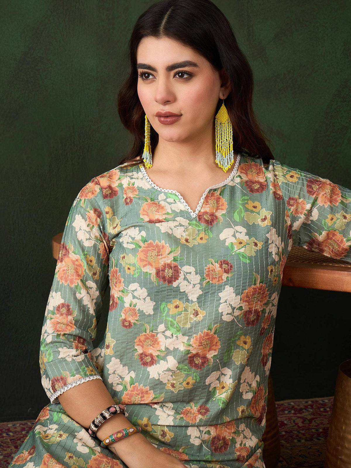Green Printed Floral Kurta | KDG - view 5