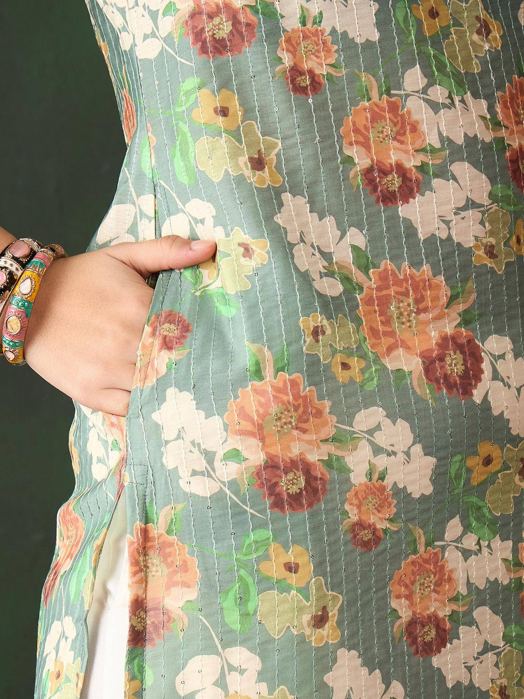 Green Printed Floral Kurta | KDG - view 7