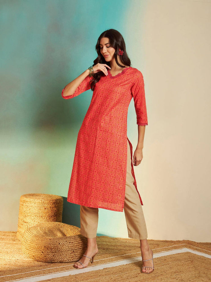Orange Cotton Printed Kurta | U3S - view 1