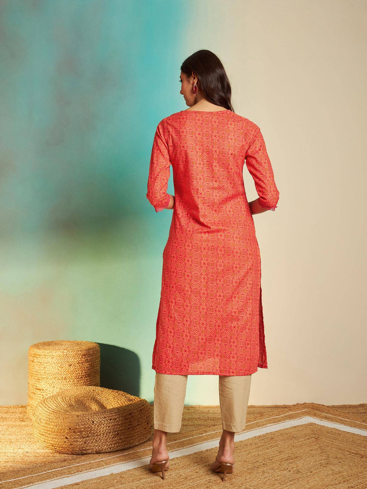 Orange Cotton Printed Kurta | FY93 - view 2