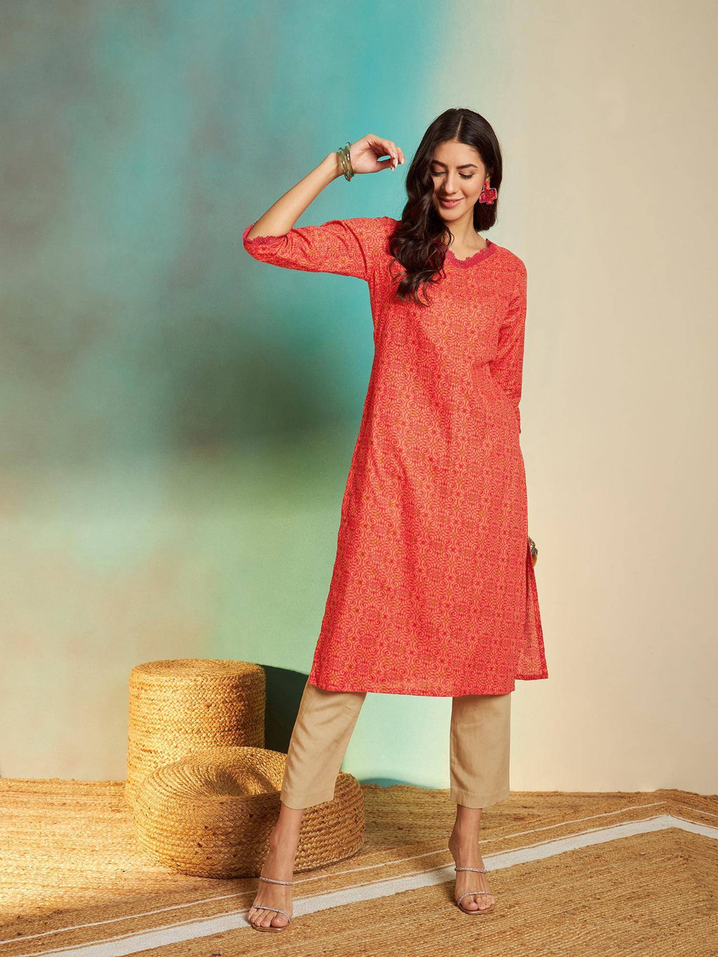 Orange Cotton Printed Kurta | FY93 - view 3