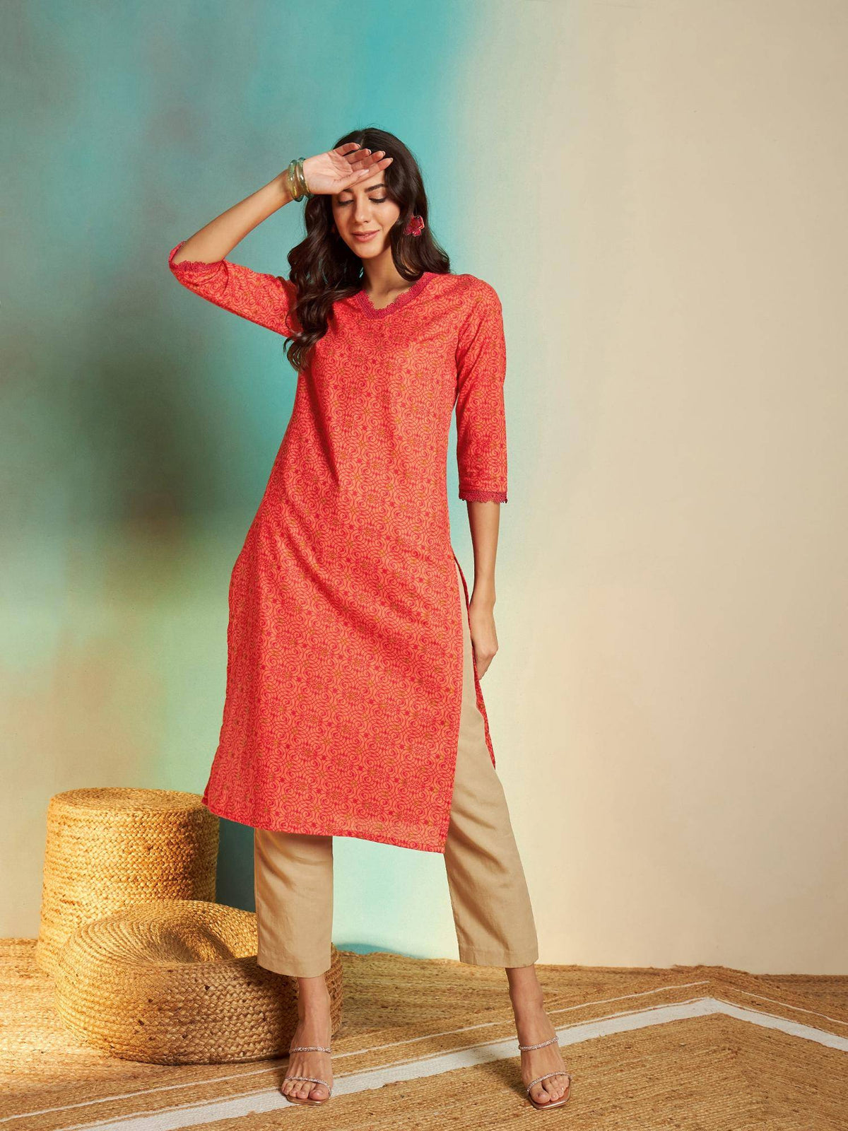 Orange Cotton Printed Kurta | U3S - view 5