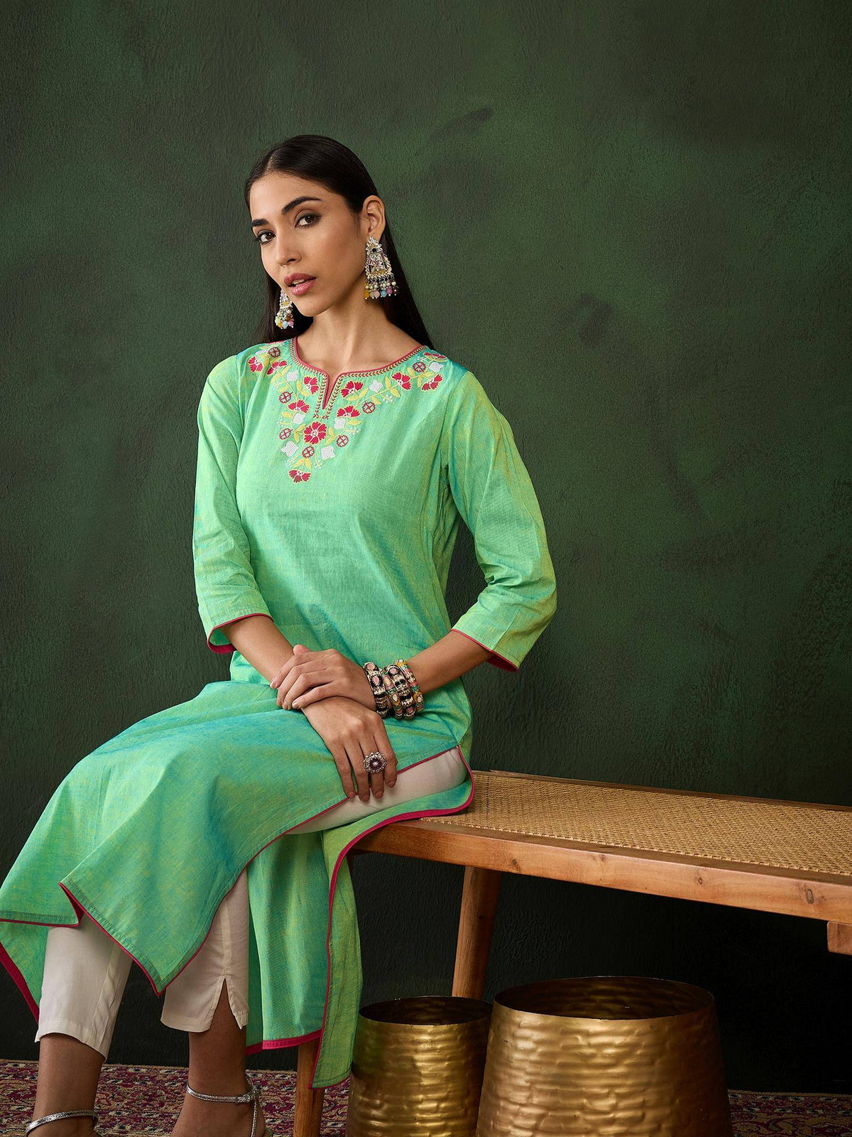 Magenta Floral Embroidered Thread Work Pure Cotton Kurta | KDG - view 29