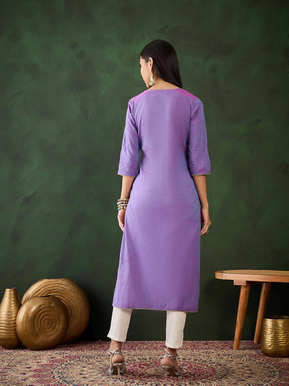Magenta Floral Embroidered Thread Work Pure Cotton Kurta | KDG - view 8