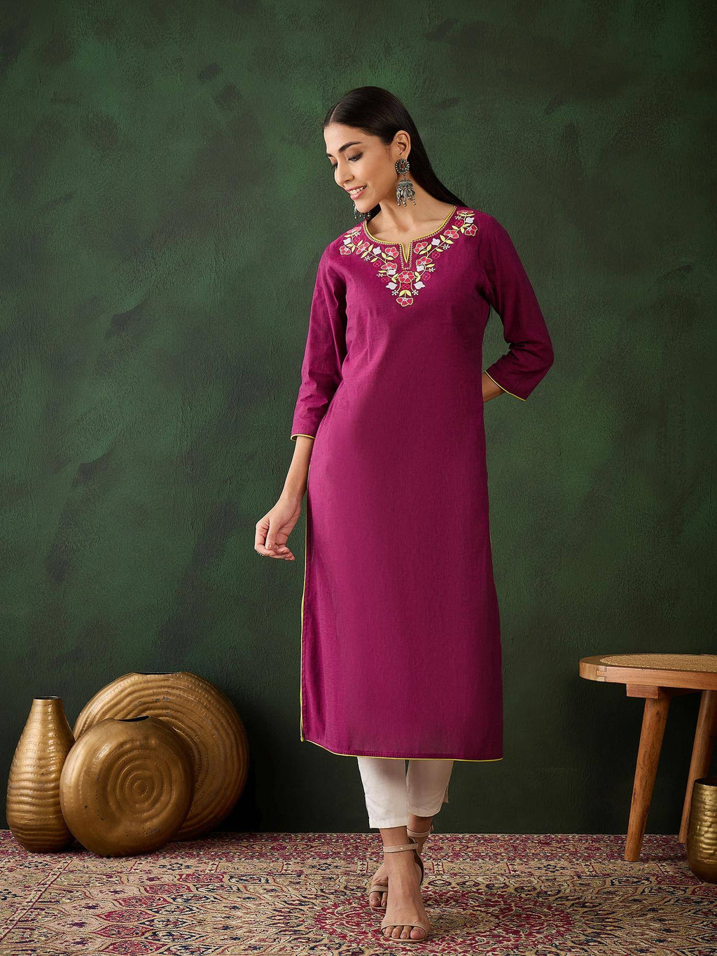 Magenta Floral Embroidered Thread Work Pure Cotton Kurta | KDG - view 1