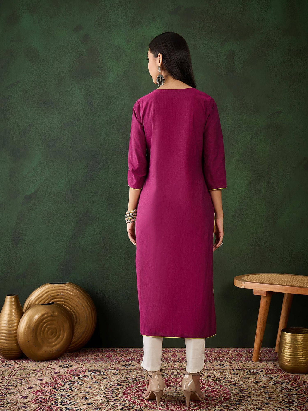 Magenta Floral Embroidered Thread Work Pure Cotton Kurta | KDG - view 2