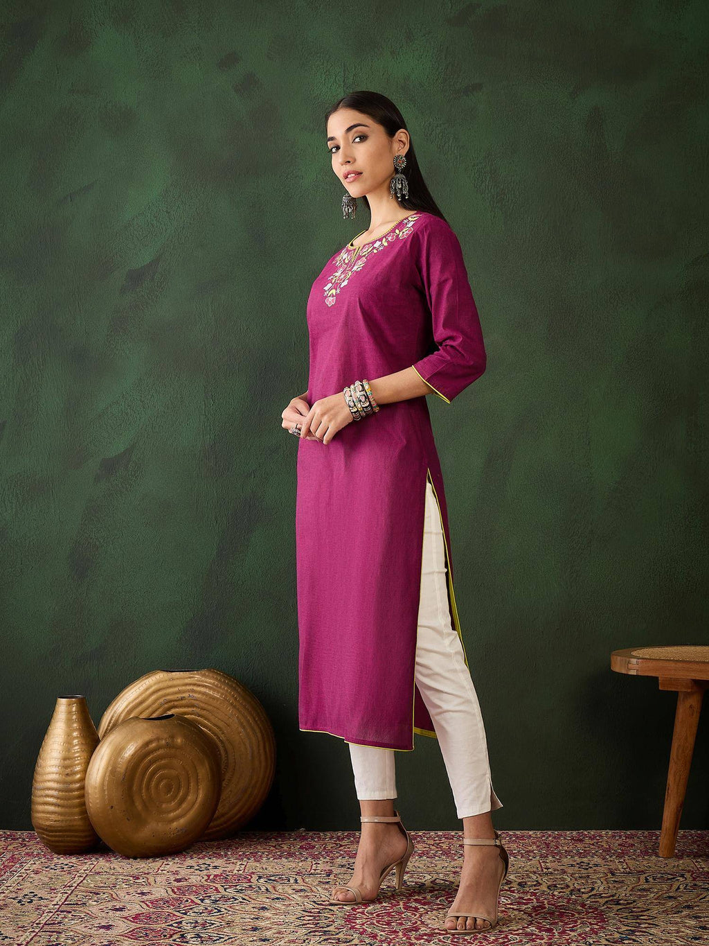 Magenta Floral Embroidered Thread Work Pure Cotton Kurta | KDG - view 3