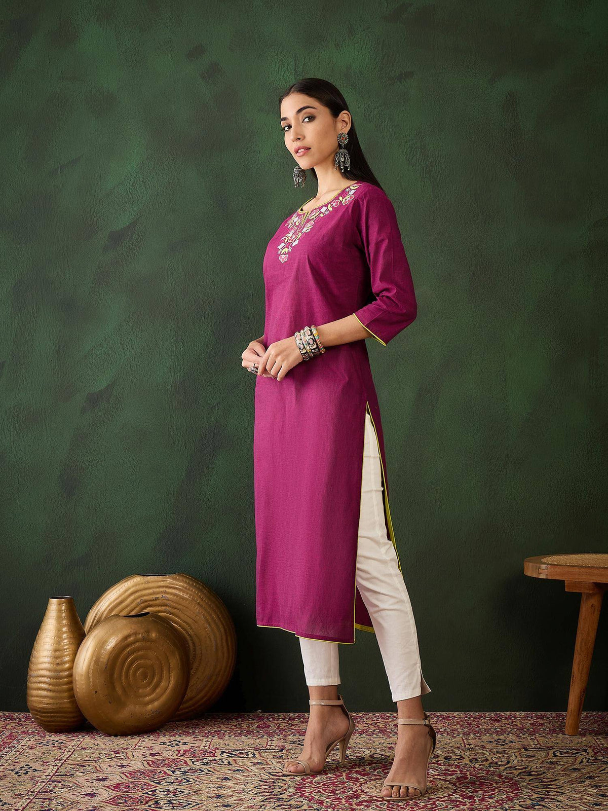 Magenta Floral Embroidered Thread Work Pure Cotton Kurta | FY93 - view 3
