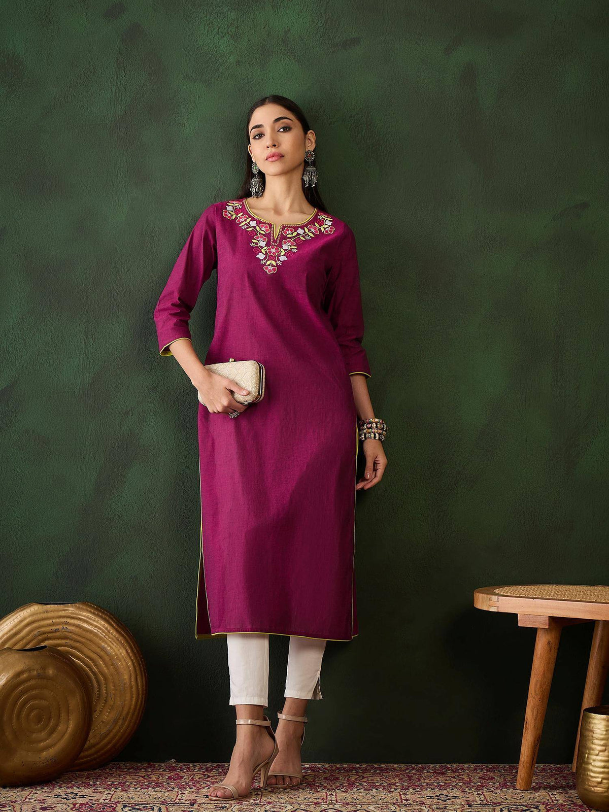 Magenta Floral Embroidered Thread Work Pure Cotton Kurta | KDG - view 4