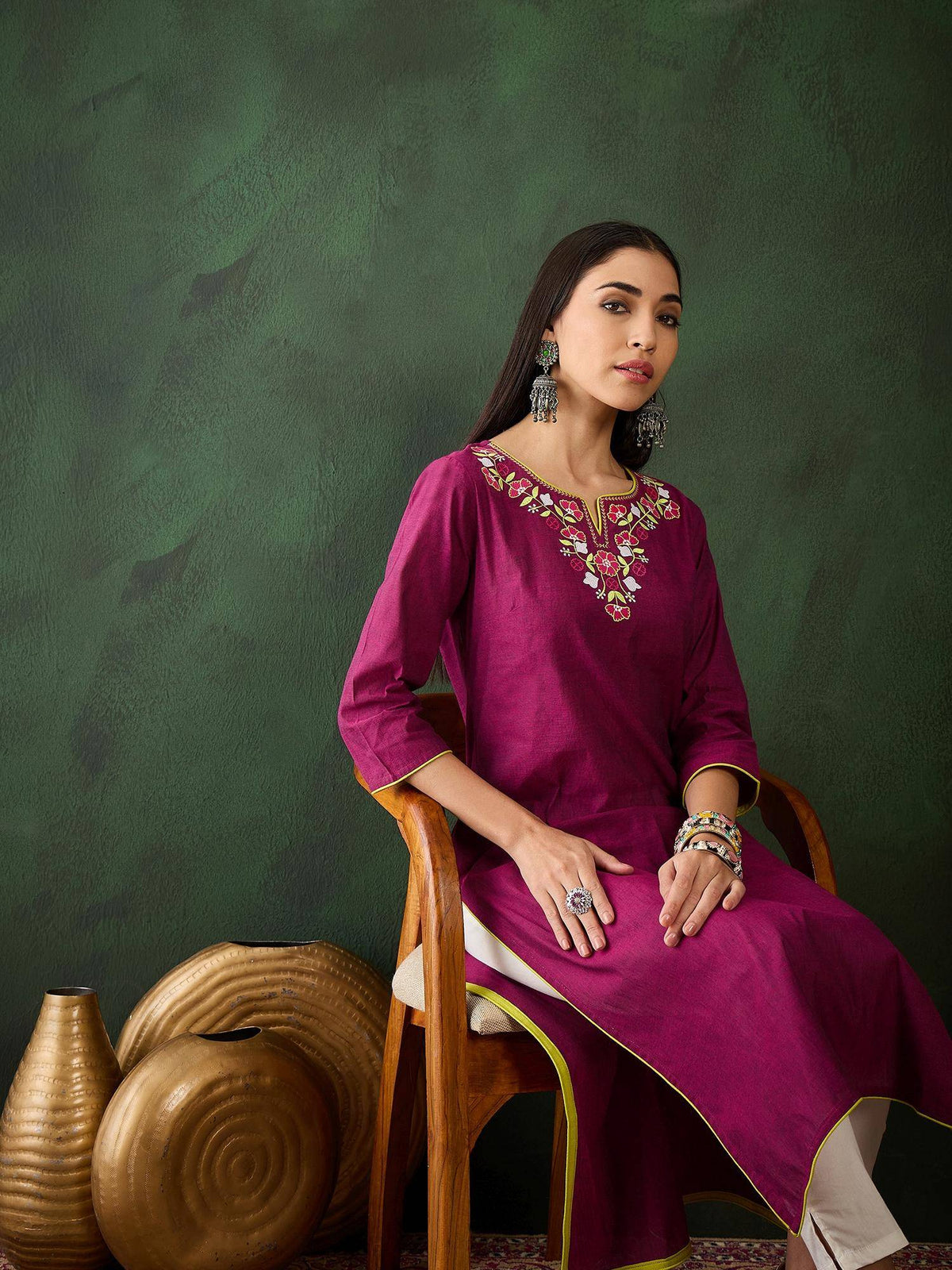 Magenta Floral Embroidered Thread Work Pure Cotton Kurta | KDG - view 5