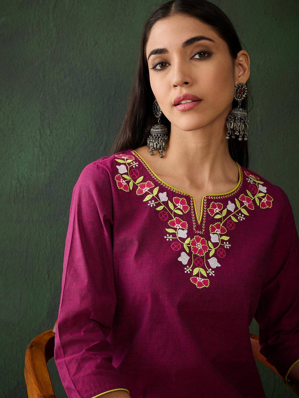 Magenta Floral Embroidered Thread Work Pure Cotton Kurta | KDG - view 6