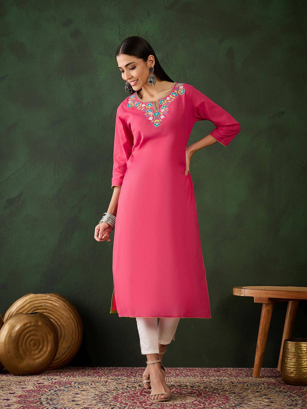 Magenta Floral Embroidered Thread Work Pure Cotton Kurta | KDG - view 19