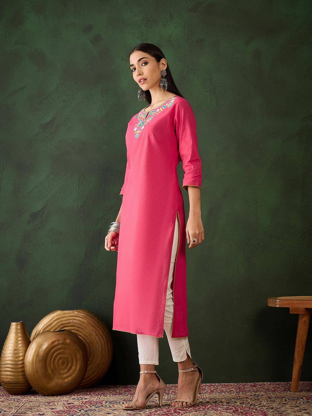 Magenta Floral Embroidered Thread Work Pure Cotton Kurta | KDG - view 21