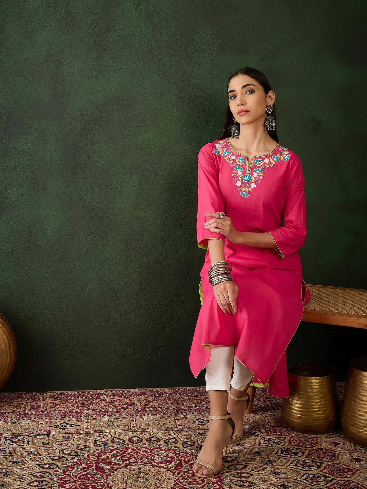 Magenta Floral Embroidered Thread Work Pure Cotton Kurta | KDG - view 23